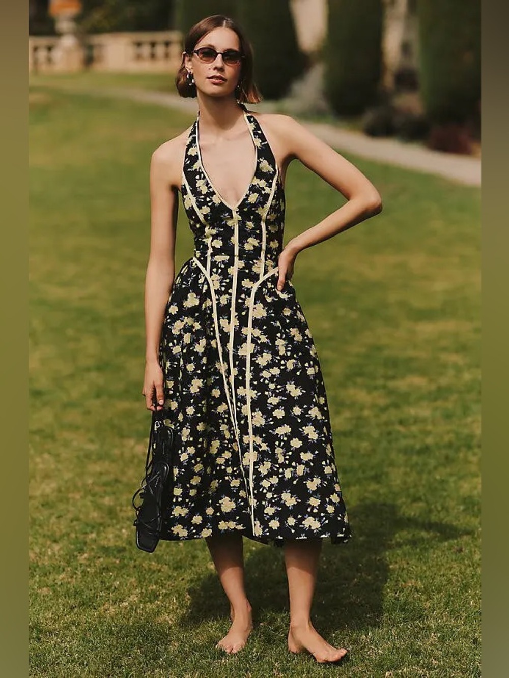Anthropologie Halter V Neck Fit & Flare Midi Dress Floral Yellow XS Petite